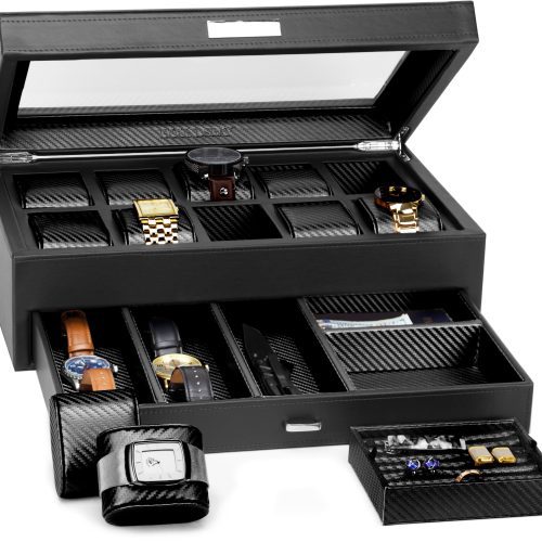 HOUNDSBAY Black & Black Carbon Fiber Yachtsman - Watch Box Display Case and Valet with Drawer Combo