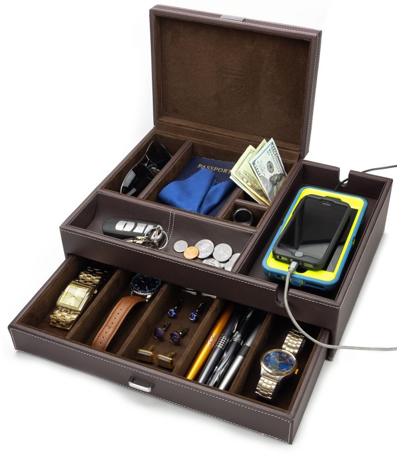 HOUNDSBAY Valet Organizer Brown / Brown The Admiral - Big Dresser Valet Box Organizer with Large Smartphone Charging Station