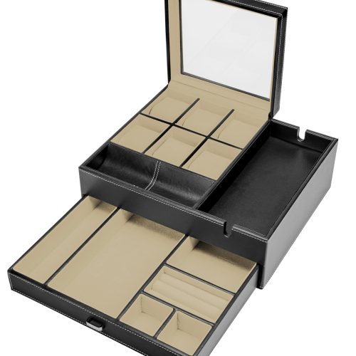 HOUNDSBAY Valet Organizer Commander Valet - Dresser Valet & Watch Box Combo