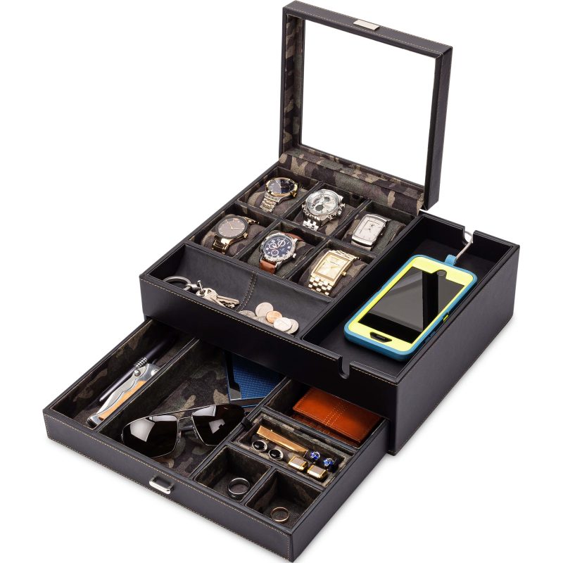 HOUNDSBAY Valet Organizer Commander Valet - Dresser Valet & Watch Box Combo